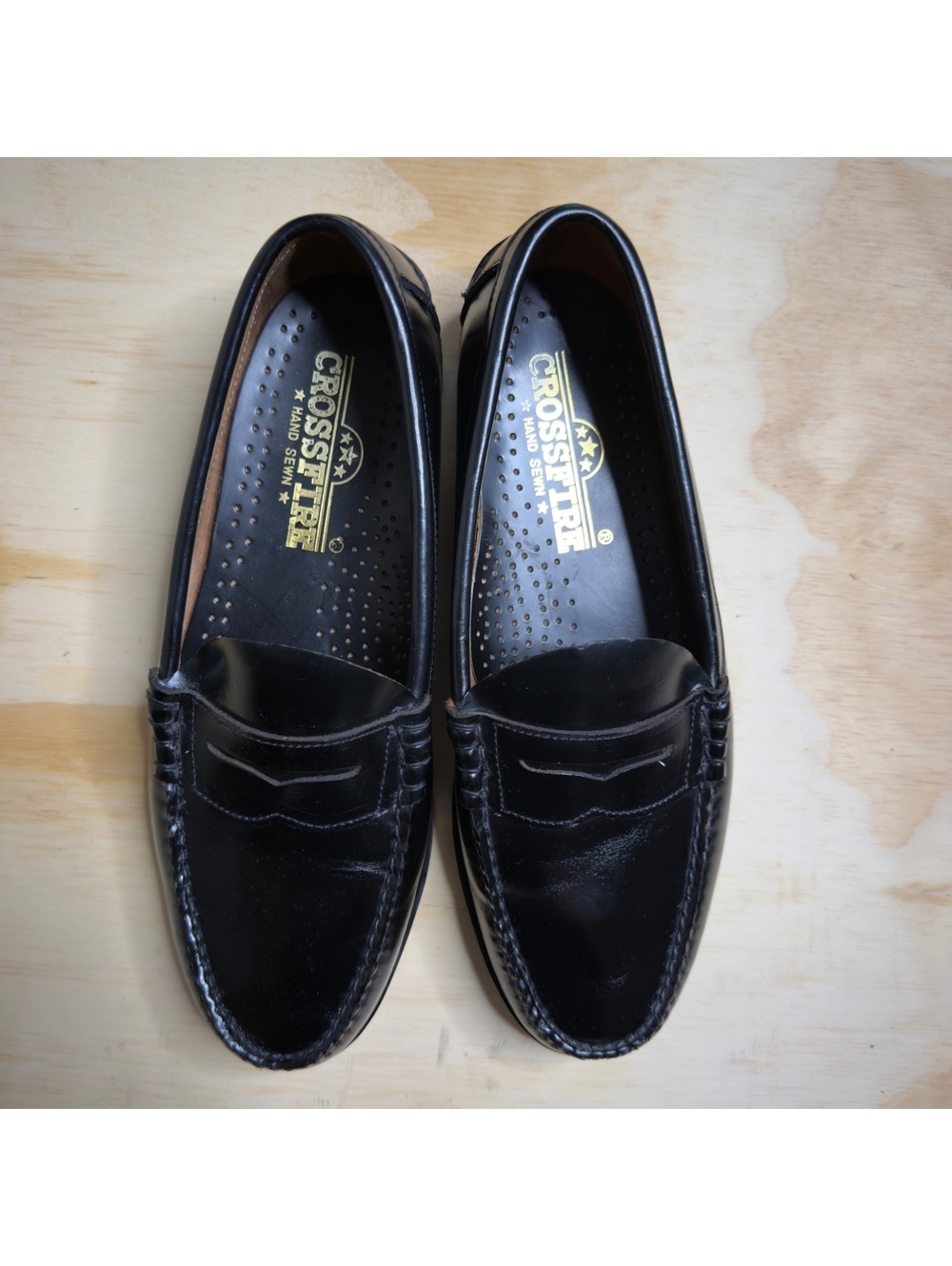 Hand-sewn All Leather Crossfire Black Penny Loafers Classic Wide Size 9EEE
